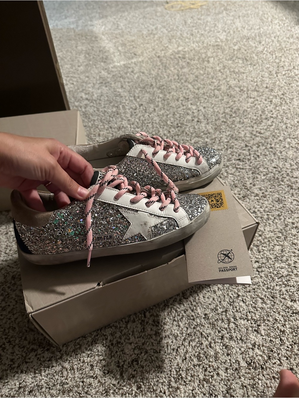 Golden Goose Silver Glitter Sneakers with Pink Laces